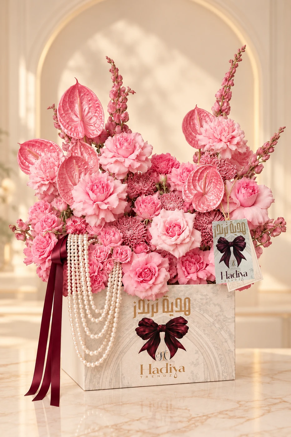 Pink rose arrangement in a Hadiya Trendz gift box